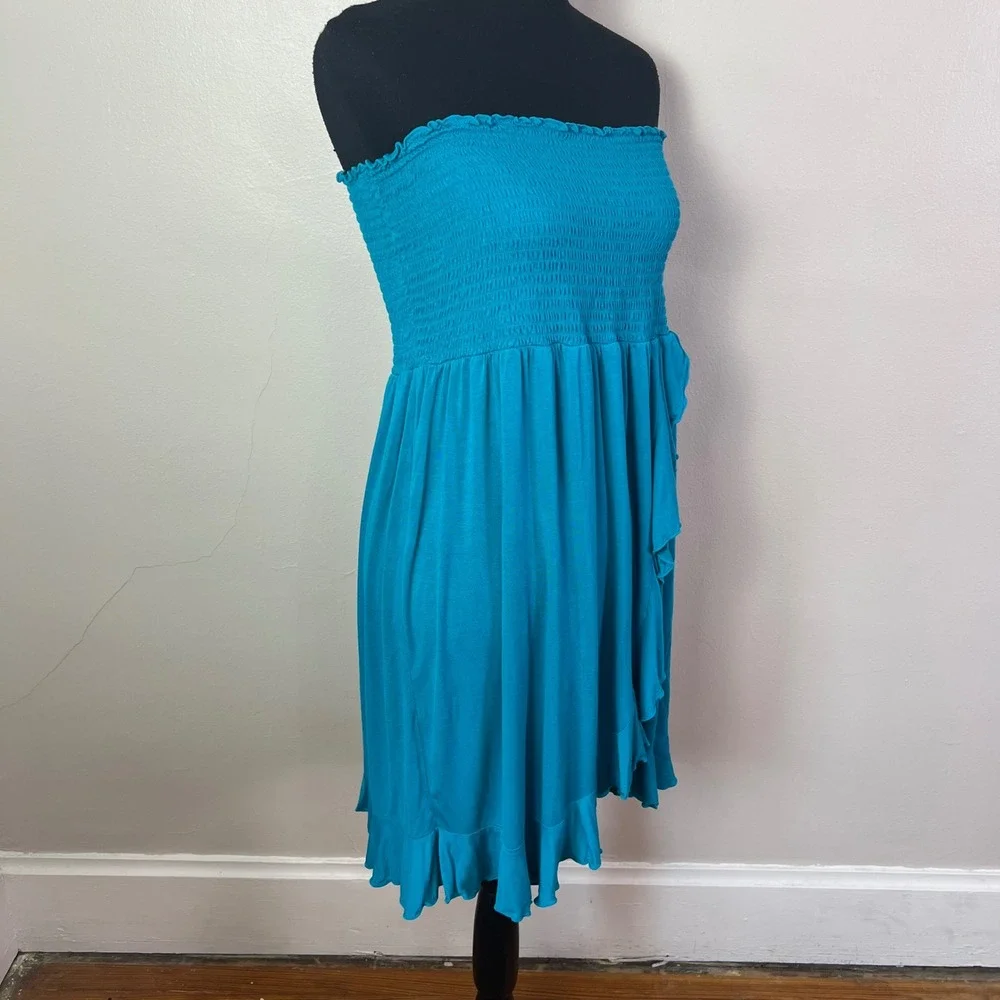 Dotti Smocked Strapless Tube Dress XL Teal Blue Ruffle Hem Summer Beach Coverup - Picture 4 of 6
